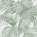 Close-up material sample of the Erismann Modern Balance 10600-07 design showing the soft green canopy leaf print details.