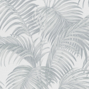 Close-up material sample of the Erismann Modern Balance 10600-31 design showing the soft light grey canopy leaf print details.