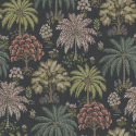 Flat swatch showing the navy blue palm and foliage motifs.