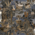 Flat swatch showing the navy ground and metallic animal details.