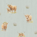 Close-up material sample of the Holden Decor Glenmore 14381 design showing the detailed highland cow motif on blue paper.