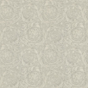 Flat swatch of Versace Barocco Flowers in beige and grey showing the detailed non-woven substrate surface.