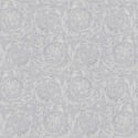 Flat swatch of Versace Barocco Flowers in pewter and blue showing the detailed non-woven substrate surface.