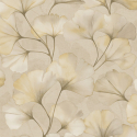 Close-up material sample of the Rasch Luminara Elara 410416 design showing the fawn beige ginkgo leaves and soft metallic highlights.