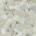 Close-up material sample of the Rasch Luminara Elara 410423 design showing the aqua blue ginkgo leaves and fine metallic highlights.