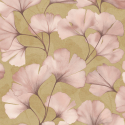 Close-up material sample of the Rasch Luminara Elara 410430 design showing the blush and ochre ginkgo leaves with metallic highlights.