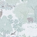 Flat material sample of the AS Creation Lilly & Luis 77133-1 design showing the detailed brown and green illustrated woodland pattern.