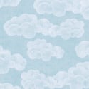 Flat material sample of the AS Creation Lilly & Luis 77143-1 design showing the detailed blue and white illustrated cloud pattern.