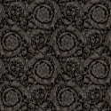 Flat swatch of Versace Barocco Flowers in black and silver showing the detailed non-woven substrate surface.
