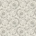 Flat swatch of Versace Barocco Flowers in white and grey showing the detailed non-woven substrate surface.