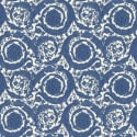 Flat swatch of Versace Barocco Flowers in blue and white showing the detailed non-woven substrate surface.