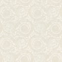 Flat swatch of Versace Barocco Flowers in pearl and light gold showing the detailed non-woven substrate surface.