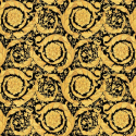 Flat swatch of Versace Barocco Flowers in gold showing the detailed non-woven substrate surface.