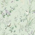 Crown Mariko Floral Treebird Mint/Plum Metallic Wallpaper - M1552