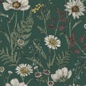 Forest Green Wild Meadow 43882 swatch showing white botanical print.