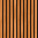 Close-up material sample of the Hoopla Walls HWA1450W design showing the rich teak wood slat print on a non-woven base.