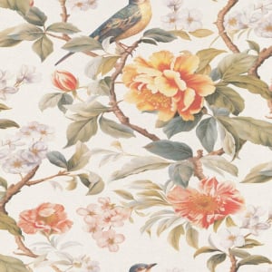 High-resolution flat swatch of Erismann Rose Parade wallpaper showing the orange multi textured floral pattern.