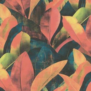 High-resolution flat swatch of Erismann Tropical Night wallpaper showing the red multi textured leaf pattern.