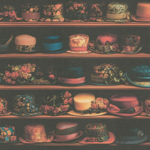 High-resolution flat swatch of Erismann Teatime Hats wallpaper showing the brown multi textured pattern.