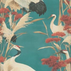 High-resolution flat swatch of Erismann Tsuru wallpaper showing the turquoise multi textured bird pattern.