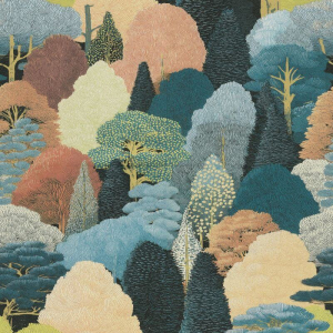High-resolution flat swatch of Erismann Mori Forest wallpaper showing the blue multi textured woodland pattern.