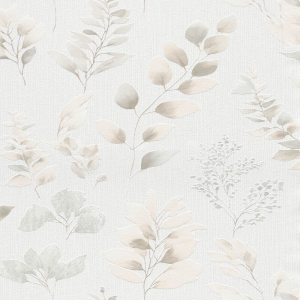 Flat swatch of Beige 10579-02 showing the soft botanical leaf print.