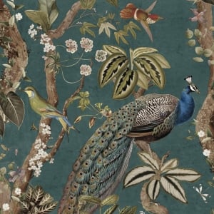 Holden Decor Whispering Peacock Woods Aqua Wallpaper - 13682