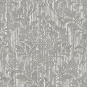 High-resolution flat swatch of Muriva Theon Damask wallpaper in grey with a shimmering metallic finish.