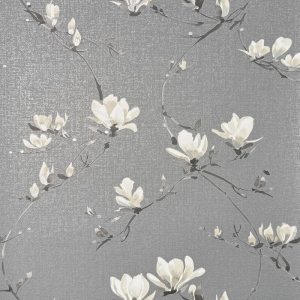 Flat swatch of Fine Decor Isla Trail in soft charcoal showing the metallic luxury textured vinyl.