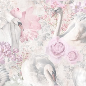 Holden Decor Floral Swans Pink/Multi Glitter Wallpaper - 90700