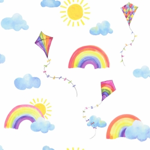 Holden Decor Rainbows and Flying Kites White Multi Wallpaper - 91020