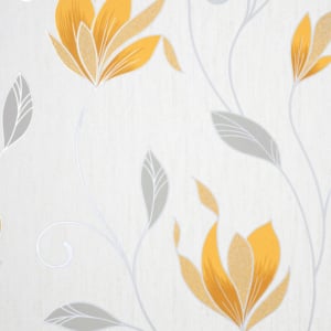 Crown Synergy Floral Mustard/Silver Glitter Wallpaper - M1717