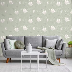 Crown Synergy Floral Green/Cream Glitter Wallpaper - M1739