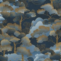 Elle Decoration Oriental Trees Blue/Gold Metallic Wallpaper - 10448-08