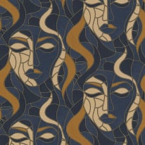 Elle Decoration Moretta Mosaic Faces Blue Metallic Wallpaper - 10458-08