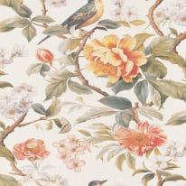 High-resolution flat swatch of Erismann Rose Parade wallpaper showing the orange multi textured floral pattern.