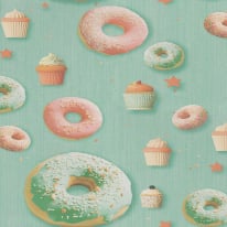 High-resolution flat swatch of Erismann Candy Pop wallpaper showing the turquoise and peach cupcake textured pattern.