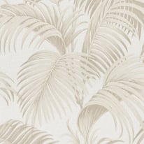 Close-up material sample of the Erismann Modern Balance 10600-02 design showing the warm beige canopy leaf print details.