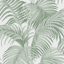 Close-up material sample of the Erismann Modern Balance 10600-07 design showing the soft green canopy leaf print details.