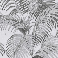 Close-up material sample of the Erismann Modern Balance 10600-15 design showing the deep black canopy leaf print details.