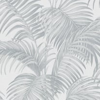 Close-up material sample of the Erismann Modern Balance 10600-31 design showing the soft light grey canopy leaf print details.