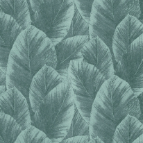 Close-up material sample of the Erismann Modern Balance 10602-07 design showing the green palm foliage layers and metallic highlights.