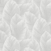 Close-up material sample of the Erismann Modern Balance 10602-31 design showing the light grey palm foliage layers and metallic highlights.