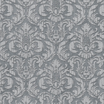 Close-up material sample of the Erismann Modern Balance 10604-47 design showing the anthracite charcoal traditional damask print details.