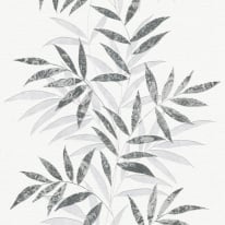 Close-up material sample of the Erismann Modern Balance 10607-15 design showing the black and grey trailing botanical leaf stripe details.