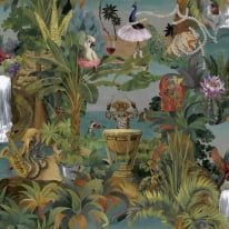 Flat swatch showing the whimsical animal characters and metallic ink details.
