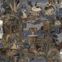 Flat swatch showing the navy ground and metallic animal details.