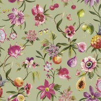 Flat swatch showing the sage green botanicals and fruit motifs.