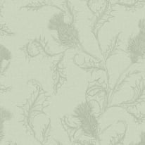 Close-up material sample of the Holden Decor Glenmore 14370 design showing the detailed thistle leaf motif on sage green paper.