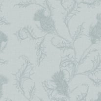 Close-up material sample of the Holden Decor Glenmore 14371 design showing the detailed thistle leaf motif on blue paper.